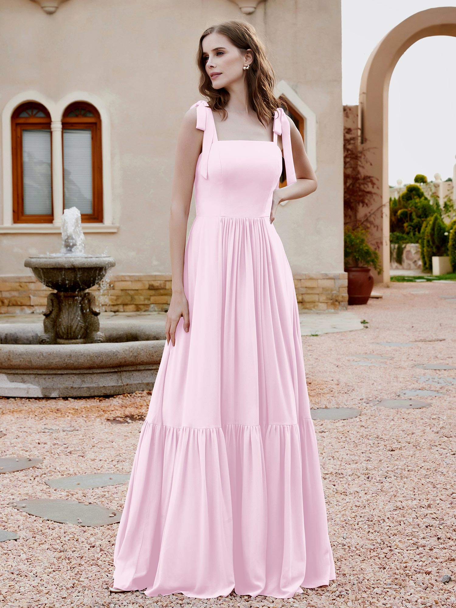 Square Neckline Ruched Chiffon Floor-length Dress Blushing Pink